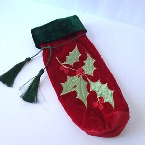 Christmas Holiday Velveteen Wine Gift Stocking Tassel Holly Berries Red Green